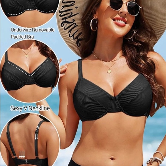 DACI Women's XL Black Ribbed Underwire Swimsuit Adjustable Strap Bikini Top - Picture 2 of 9